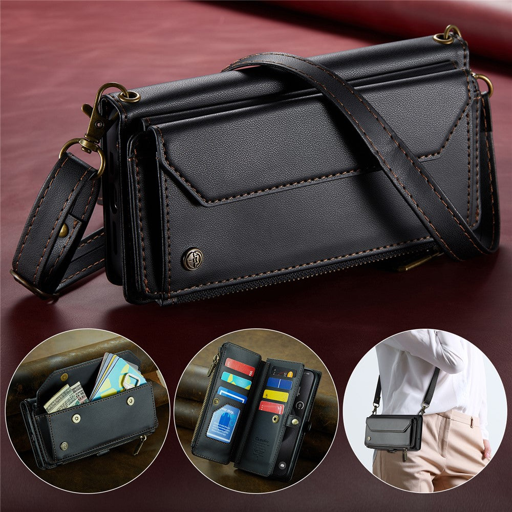 For iPhone 15 Pro Max Leather Case CASEME C36 Zipper Multiple Card Slots Phone Cover with Straps