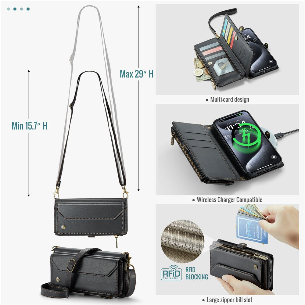For iPhone 15 Pro Max Leather Case CASEME C36 Zipper Multiple Card Slots Phone Cover with Straps
