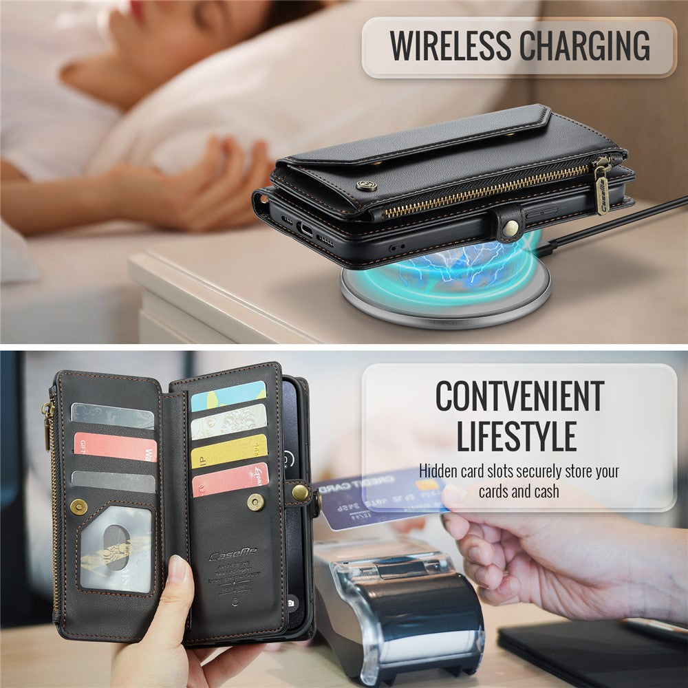For iPhone 15 Pro Max Leather Case CASEME C36 Zipper Multiple Card Slots Phone Cover with Straps