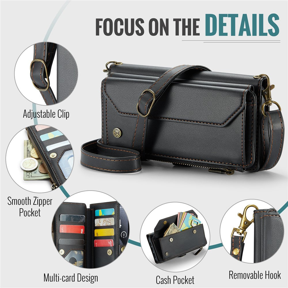 For iPhone 15 Pro Max Leather Case CASEME C36 Zipper Multiple Card Slots Phone Cover with Straps