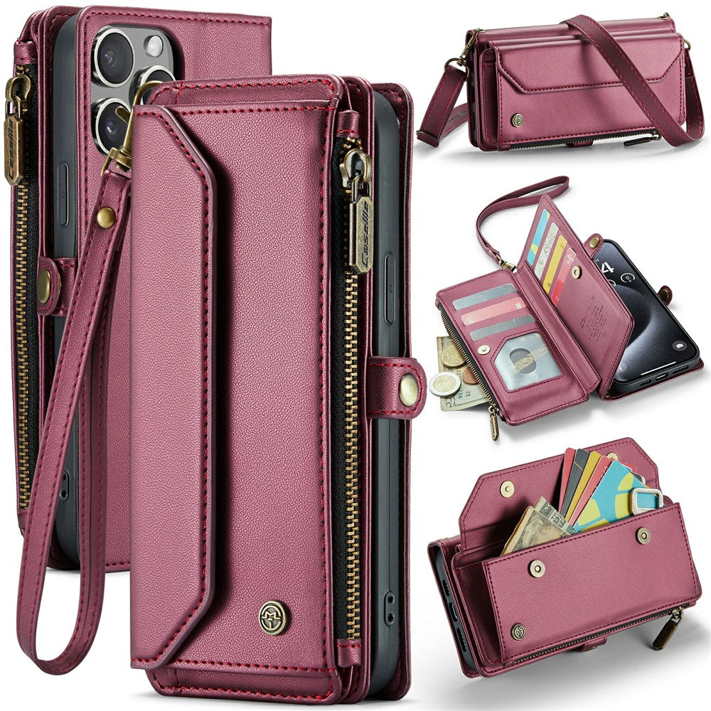 For iPhone 15 Pro Max Leather Case CASEME C36 Zipper Multiple Card Slots Phone Cover with Straps