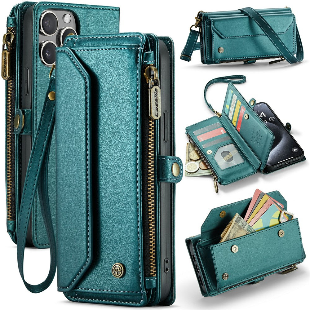 For iPhone 15 Pro Max Leather Case CASEME C36 Zipper Multiple Card Slots Phone Cover with Straps