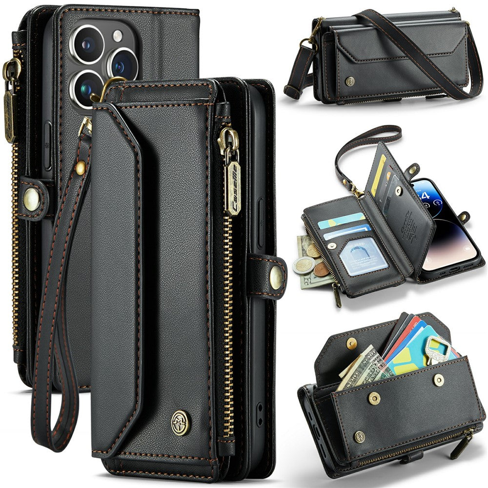 For iPhone 14 Pro Leather Case CASEME C36 Zipper Multiple Card Slots Phone Cover with Straps