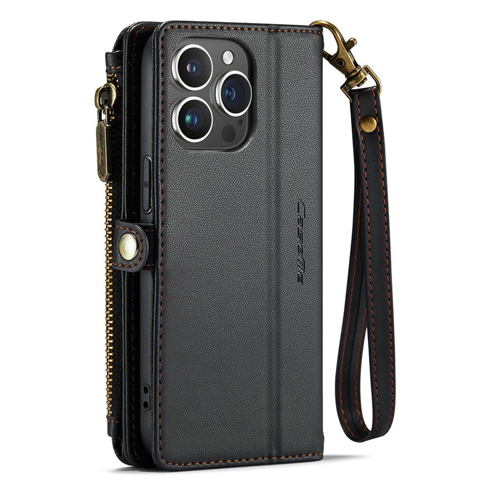 For iPhone 14 Pro Leather Case CASEME C36 Zipper Multiple Card Slots Phone Cover with Straps