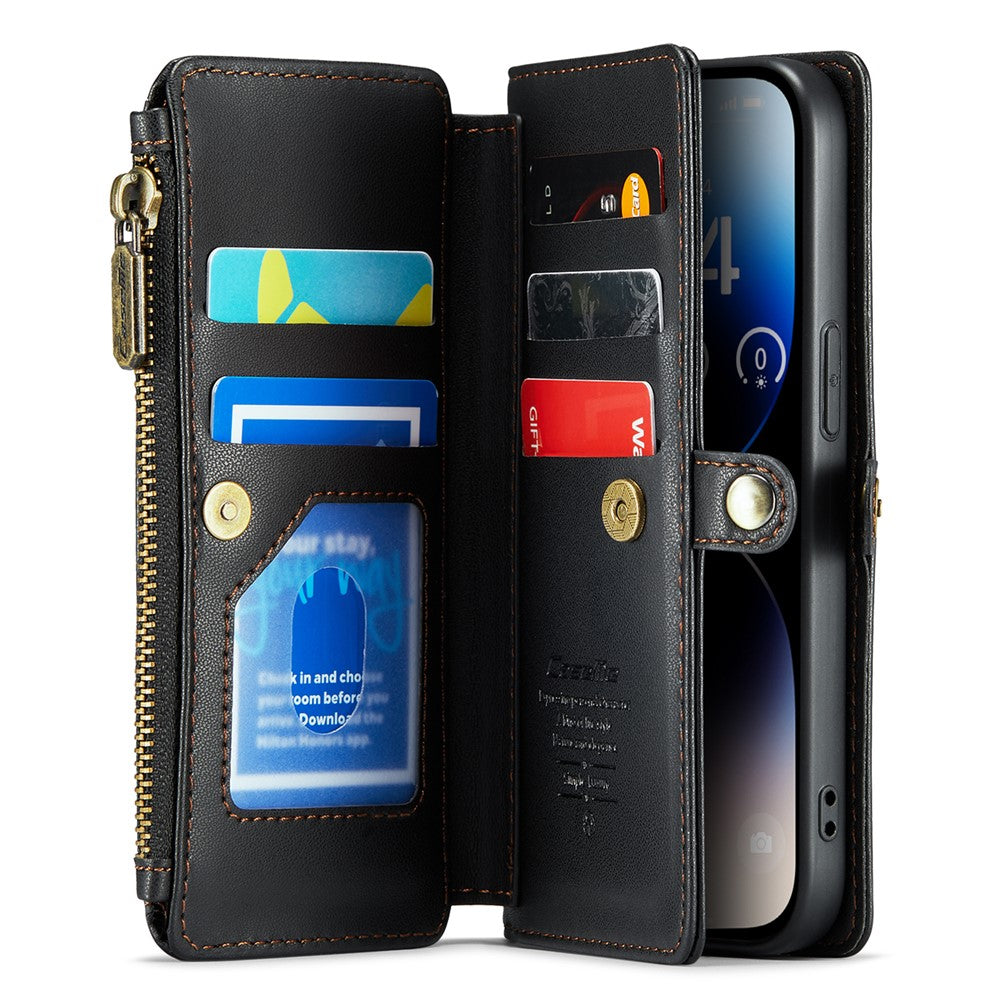 For iPhone 14 Pro Leather Case CASEME C36 Zipper Multiple Card Slots Phone Cover with Straps