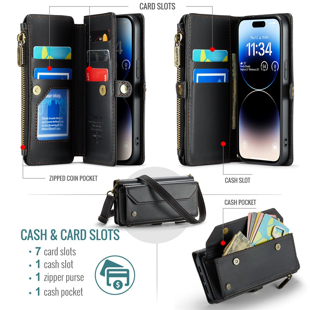 For iPhone 14 Pro Leather Case CASEME C36 Zipper Multiple Card Slots Phone Cover with Straps