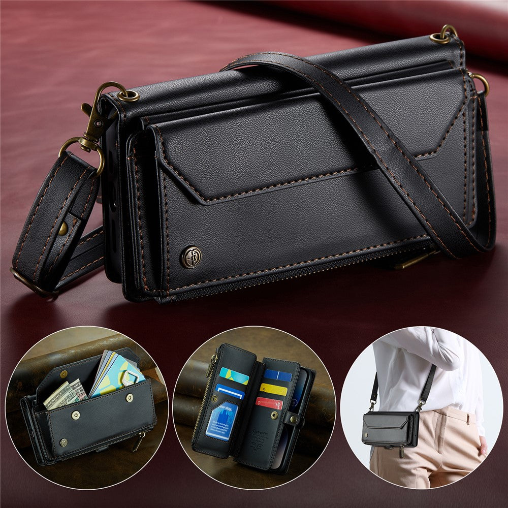 For iPhone 14 Pro Leather Case CASEME C36 Zipper Multiple Card Slots Phone Cover with Straps