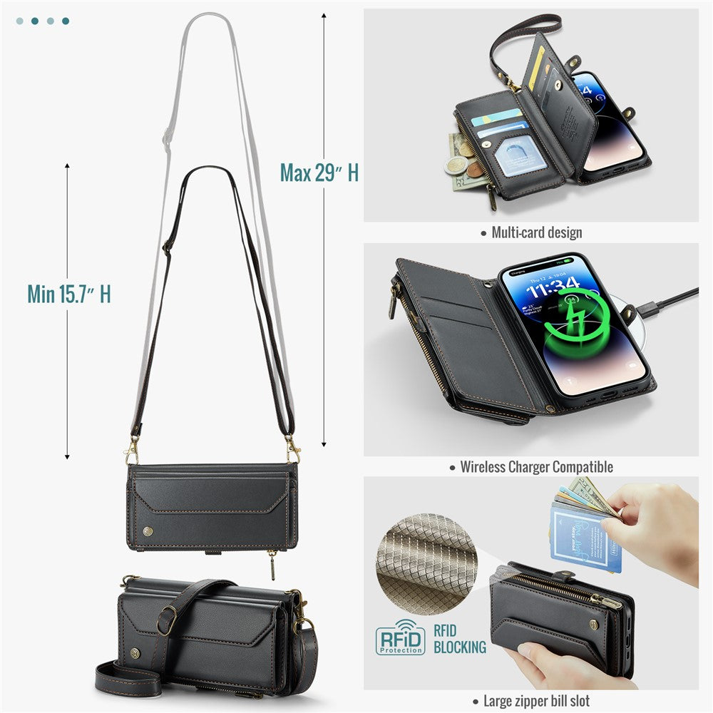 For iPhone 14 Pro Leather Case CASEME C36 Zipper Multiple Card Slots Phone Cover with Straps