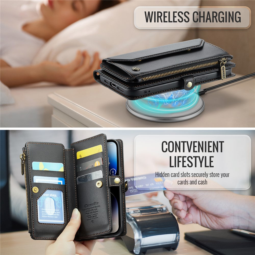 For iPhone 14 Pro Leather Case CASEME C36 Zipper Multiple Card Slots Phone Cover with Straps