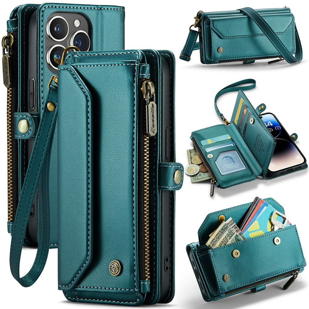 For iPhone 14 Pro Leather Case CASEME C36 Zipper Multiple Card Slots Phone Cover with Straps