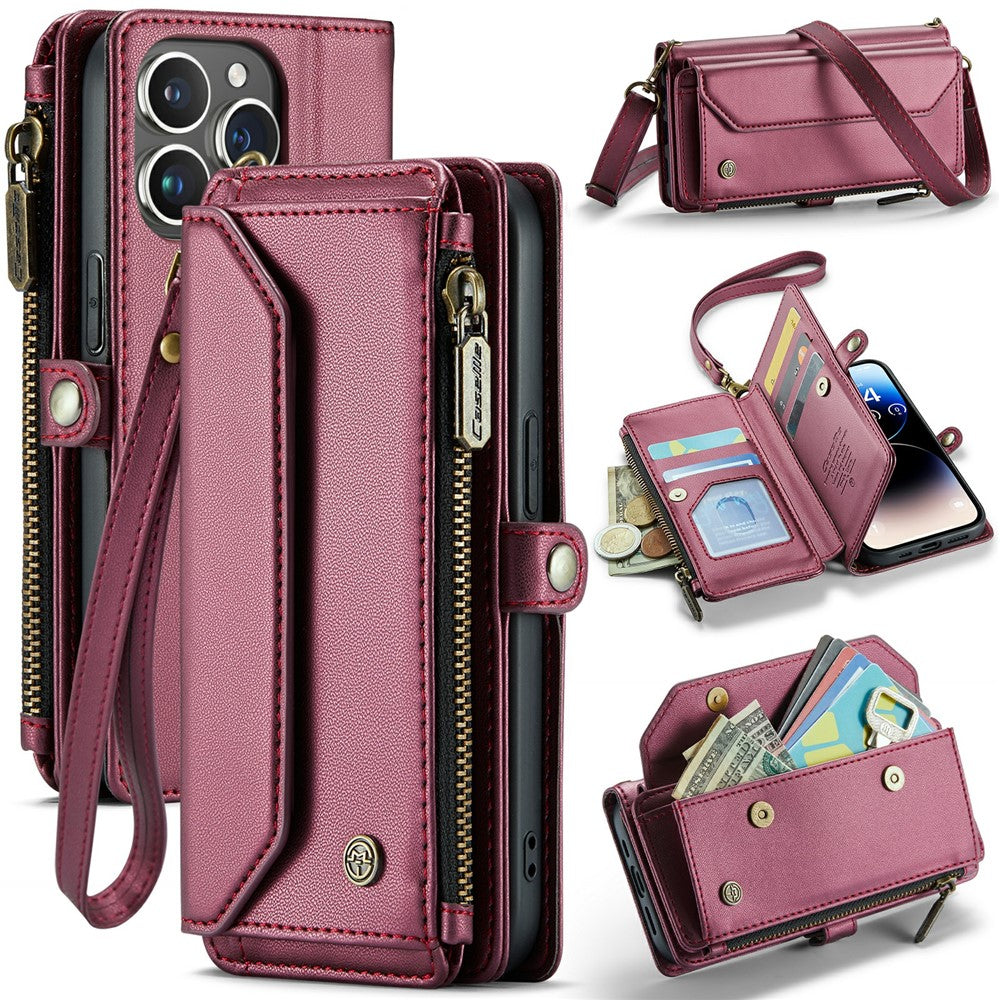 For iPhone 14 Pro Leather Case CASEME C36 Zipper Multiple Card Slots Phone Cover with Straps