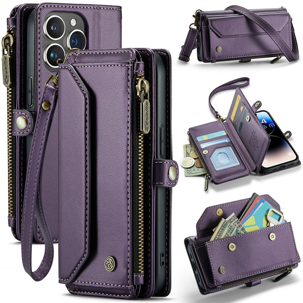 For iPhone 14 Pro Leather Case CASEME C36 Zipper Multiple Card Slots Phone Cover with Straps