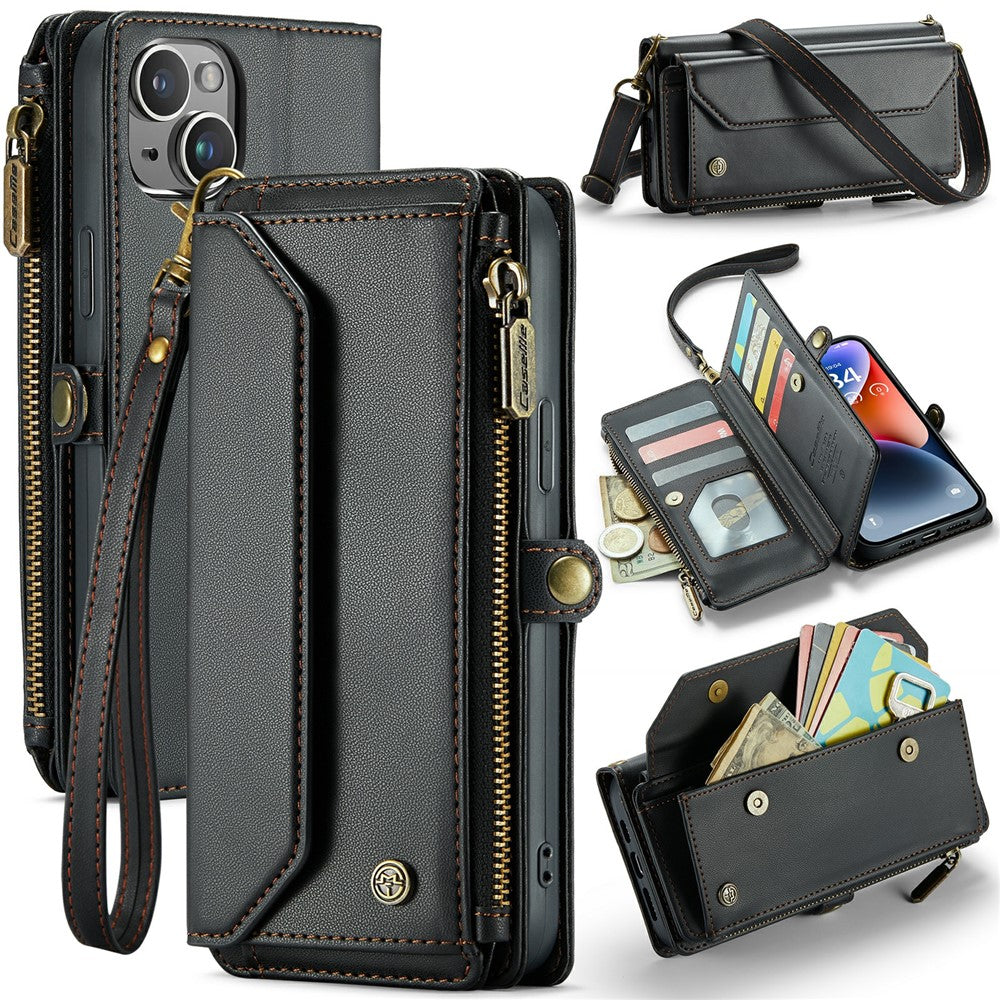 Läderfodral för iPhone 14 Plus CASEME C36 Dragkedja Flera Kortfack mobilskal med Remmar