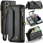 For iPhone 14 Pro Max Leather Case CASEME C36 Zipper Multiple Card Slots Phone Cover with Straps