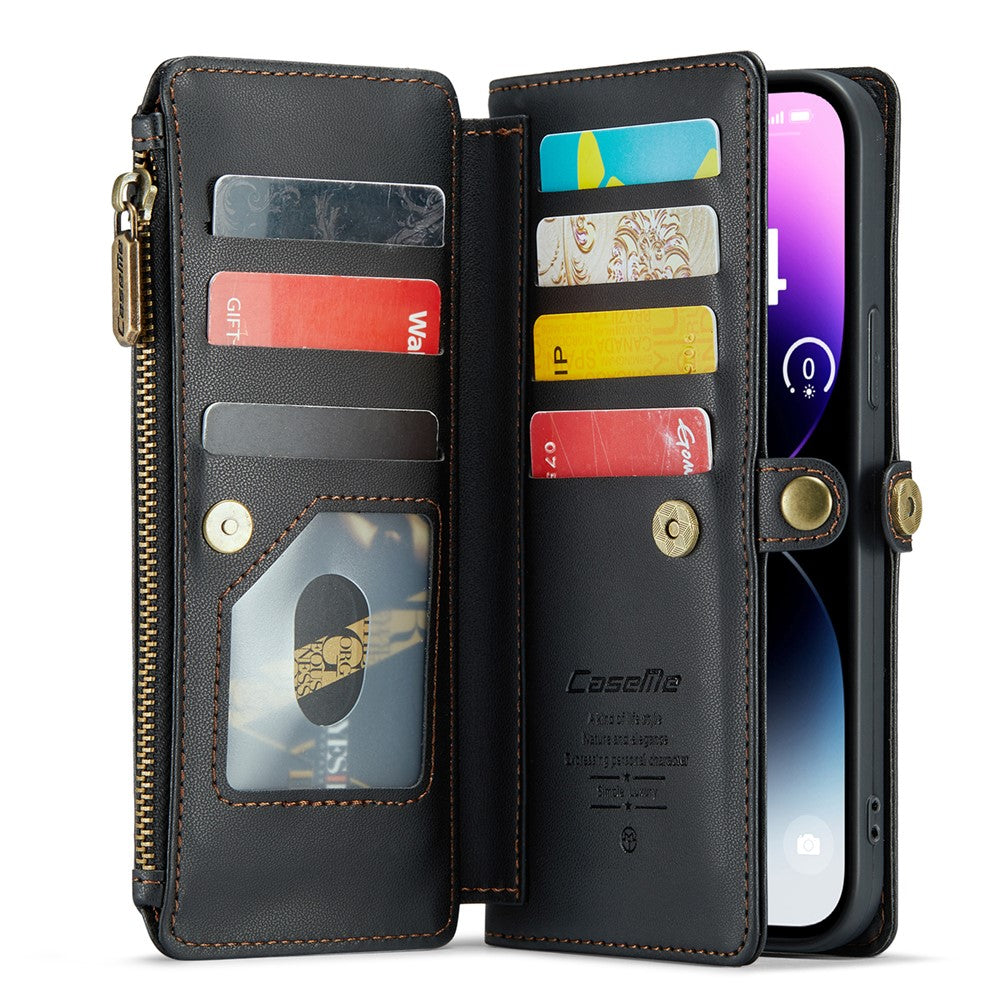 For iPhone 14 Pro Max Leather Case CASEME C36 Zipper Multiple Card Slots Phone Cover with Straps