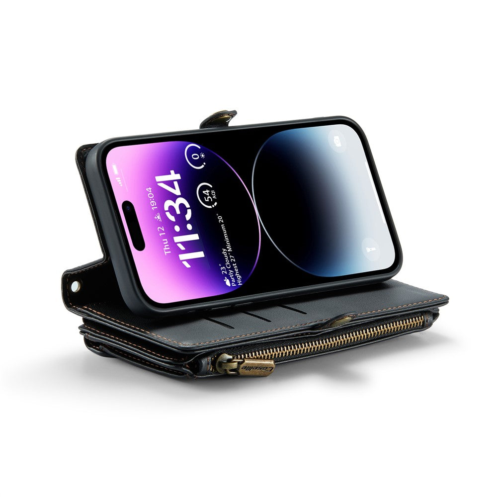 For iPhone 14 Pro Max Leather Case CASEME C36 Zipper Multiple Card Slots Phone Cover with Straps