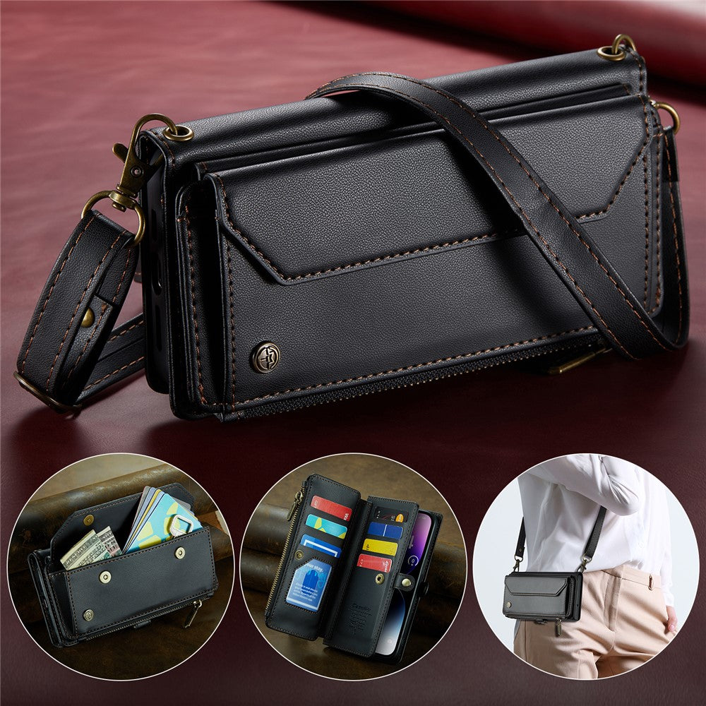 For iPhone 14 Pro Max Leather Case CASEME C36 Zipper Multiple Card Slots Phone Cover with Straps