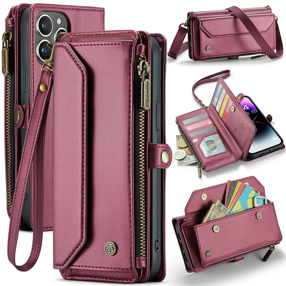 For iPhone 14 Pro Max Leather Case CASEME C36 Zipper Multiple Card Slots Phone Cover with Straps