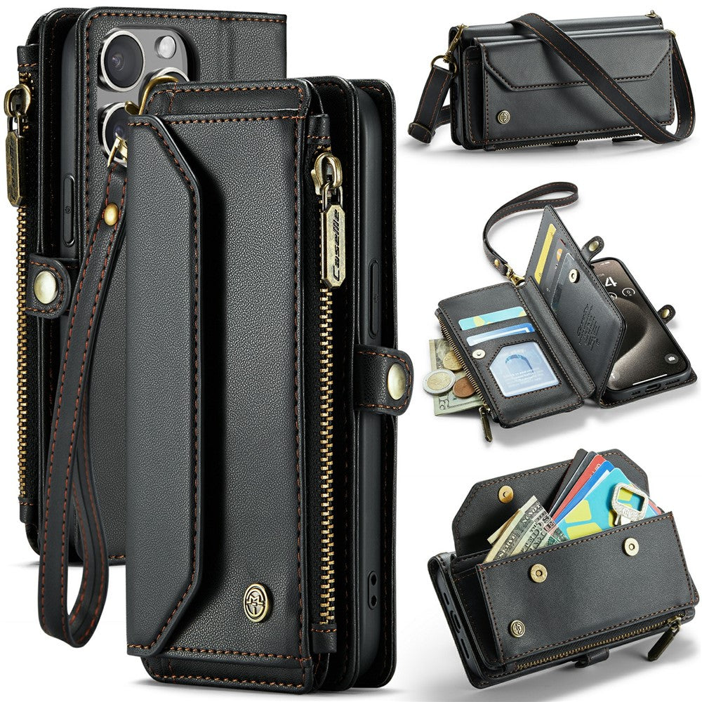 Läderfodral för iPhone 15 Pro CASEME C36 Dragkedja Flera Kortfack mobilfodral med Remmar