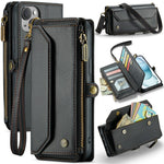 For iPhone 15 Plus Leather Case CASEME C36 Zipper Multiple Card Slots Phone Cover with Straps