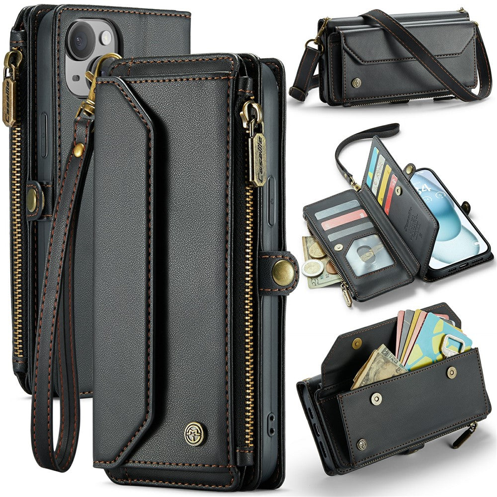 For iPhone 15 Plus Leather Case CASEME C36 Zipper Multiple Card Slots Phone Cover with Straps