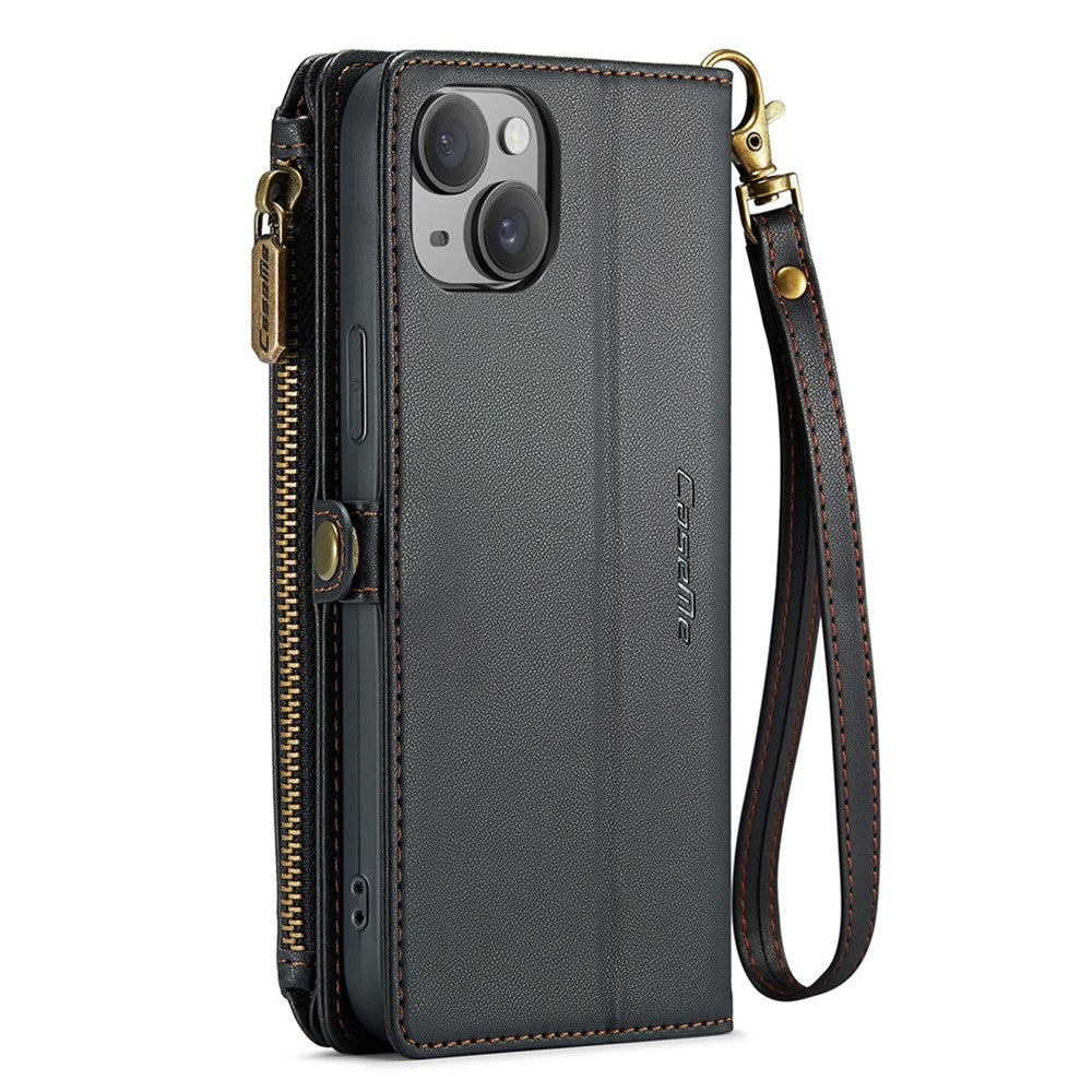 For iPhone 15 Plus Leather Case CASEME C36 Zipper Multiple Card Slots Phone Cover with Straps