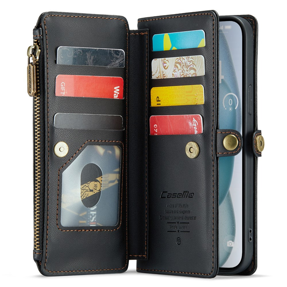 For iPhone 15 Plus Leather Case CASEME C36 Zipper Multiple Card Slots Phone Cover with Straps