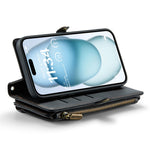 For iPhone 15 Plus Leather Case CASEME C36 Zipper Multiple Card Slots Phone Cover with Straps