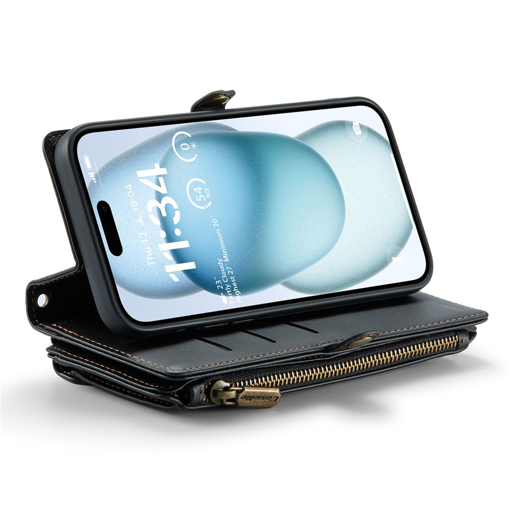 For iPhone 15 Plus Leather Case CASEME C36 Zipper Multiple Card Slots Phone Cover with Straps
