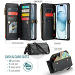 For iPhone 15 Plus Leather Case CASEME C36 Zipper Multiple Card Slots Phone Cover with Straps