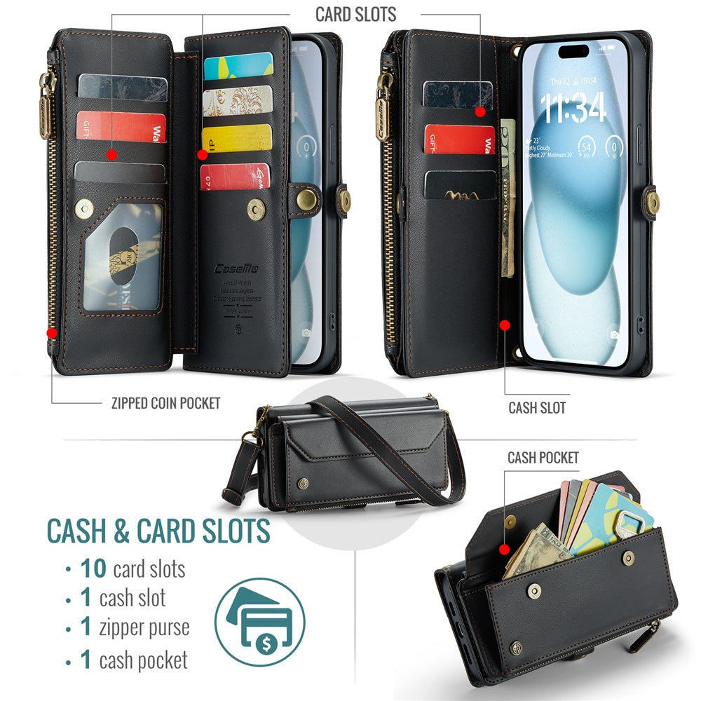 For iPhone 15 Plus Leather Case CASEME C36 Zipper Multiple Card Slots Phone Cover with Straps