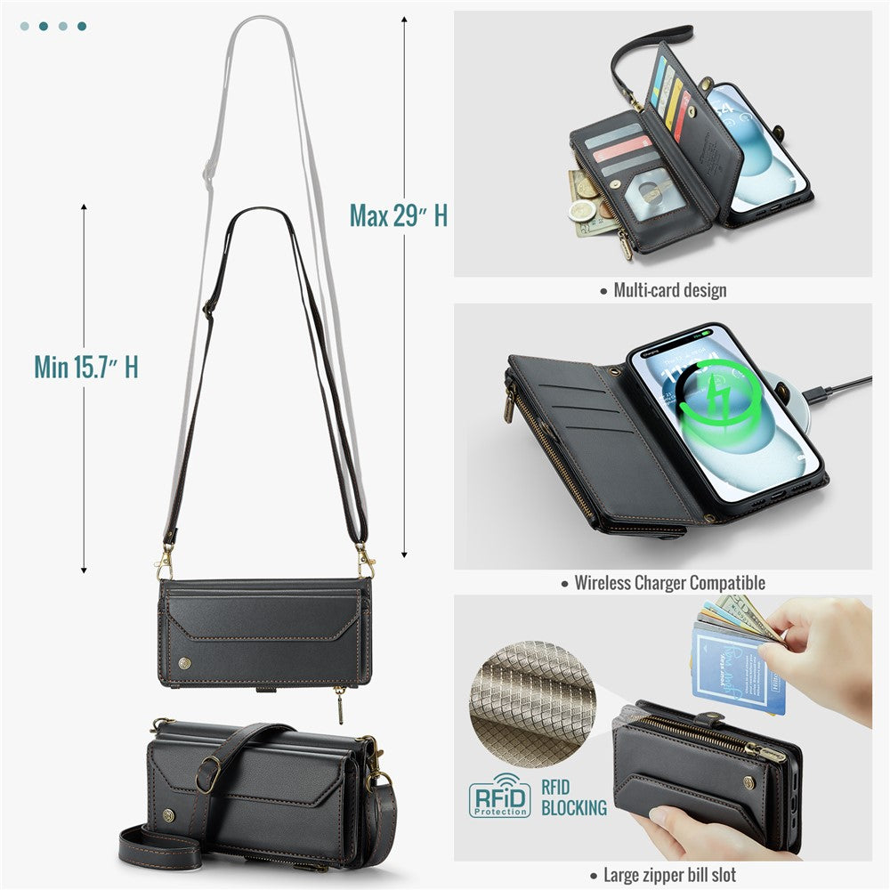 For iPhone 15 Plus Leather Case CASEME C36 Zipper Multiple Card Slots Phone Cover with Straps