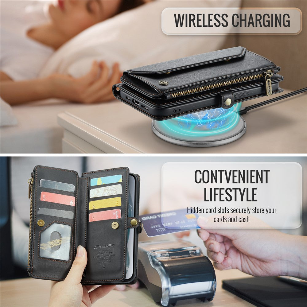 For iPhone 15 Plus Leather Case CASEME C36 Zipper Multiple Card Slots Phone Cover with Straps