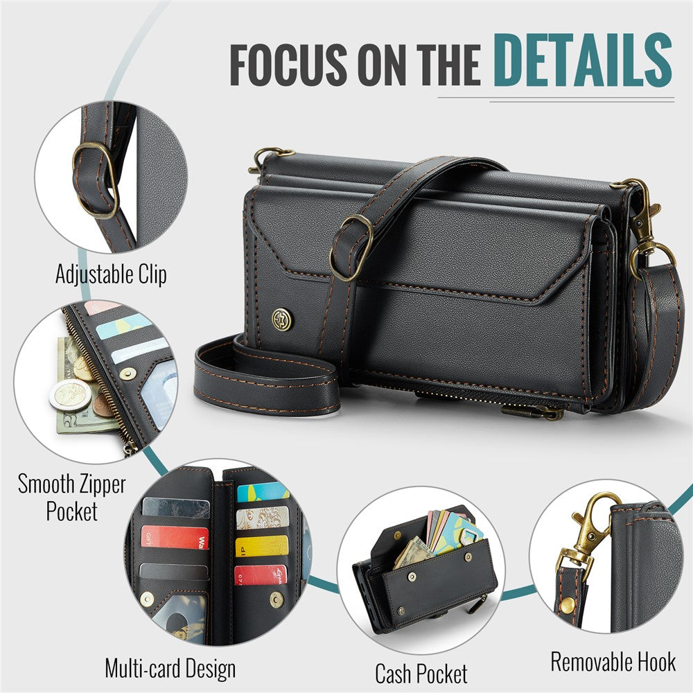 For iPhone 15 Plus Leather Case CASEME C36 Zipper Multiple Card Slots Phone Cover with Straps