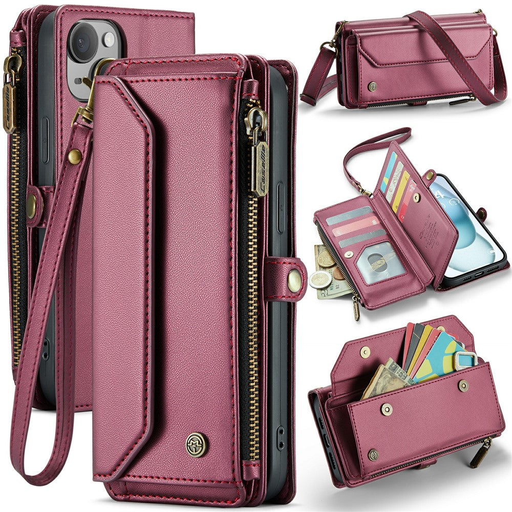 For iPhone 15 Plus Leather Case CASEME C36 Zipper Multiple Card Slots Phone Cover with Straps