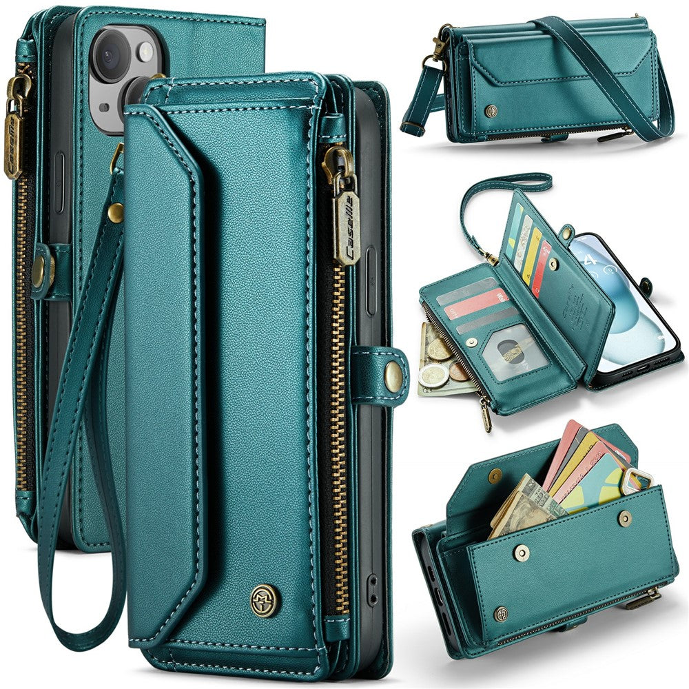 For iPhone 15 Plus Leather Case CASEME C36 Zipper Multiple Card Slots Phone Cover with Straps