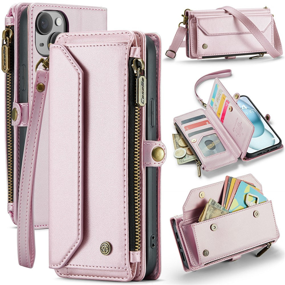 For iPhone 15 Plus Leather Case CASEME C36 Zipper Multiple Card Slots Phone Cover with Straps