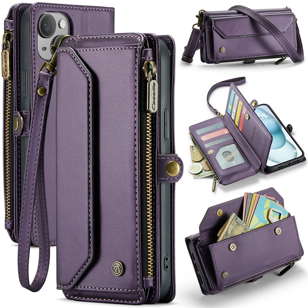 For iPhone 15 Plus Leather Case CASEME C36 Zipper Multiple Card Slots Phone Cover with Straps