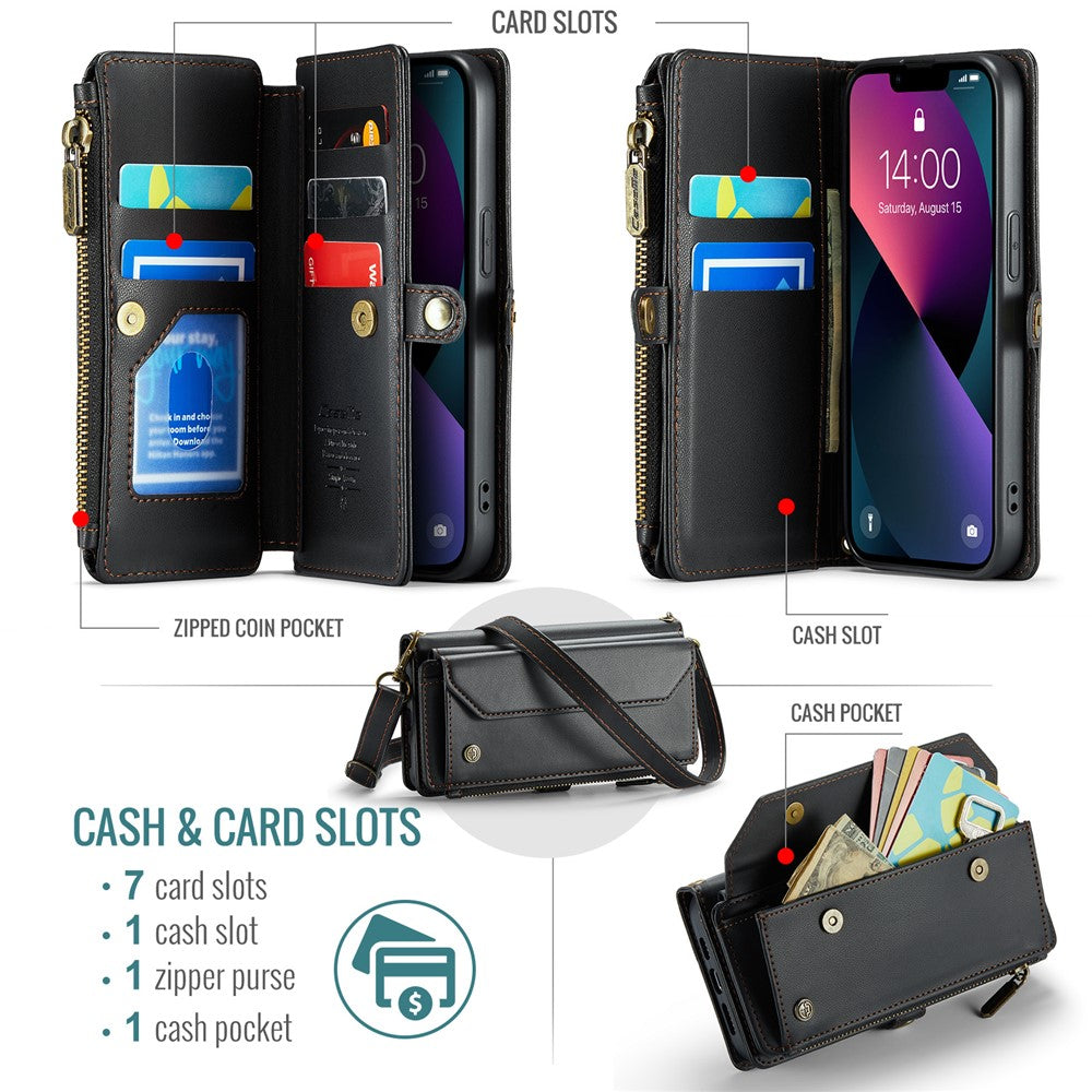 For iPhone 13 Leather Case CASEME C36 Zipper Multiple Card Slots Phone Cover with Straps