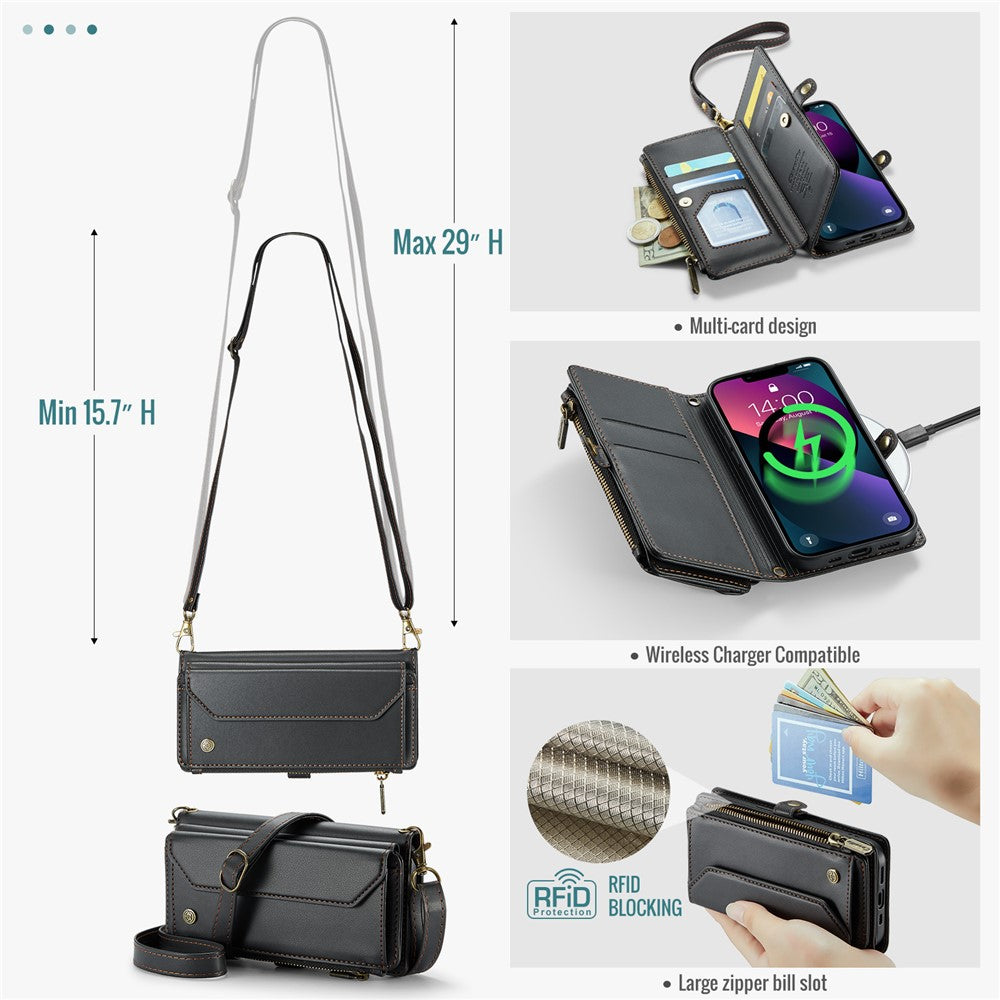 For iPhone 13 Leather Case CASEME C36 Zipper Multiple Card Slots Phone Cover with Straps
