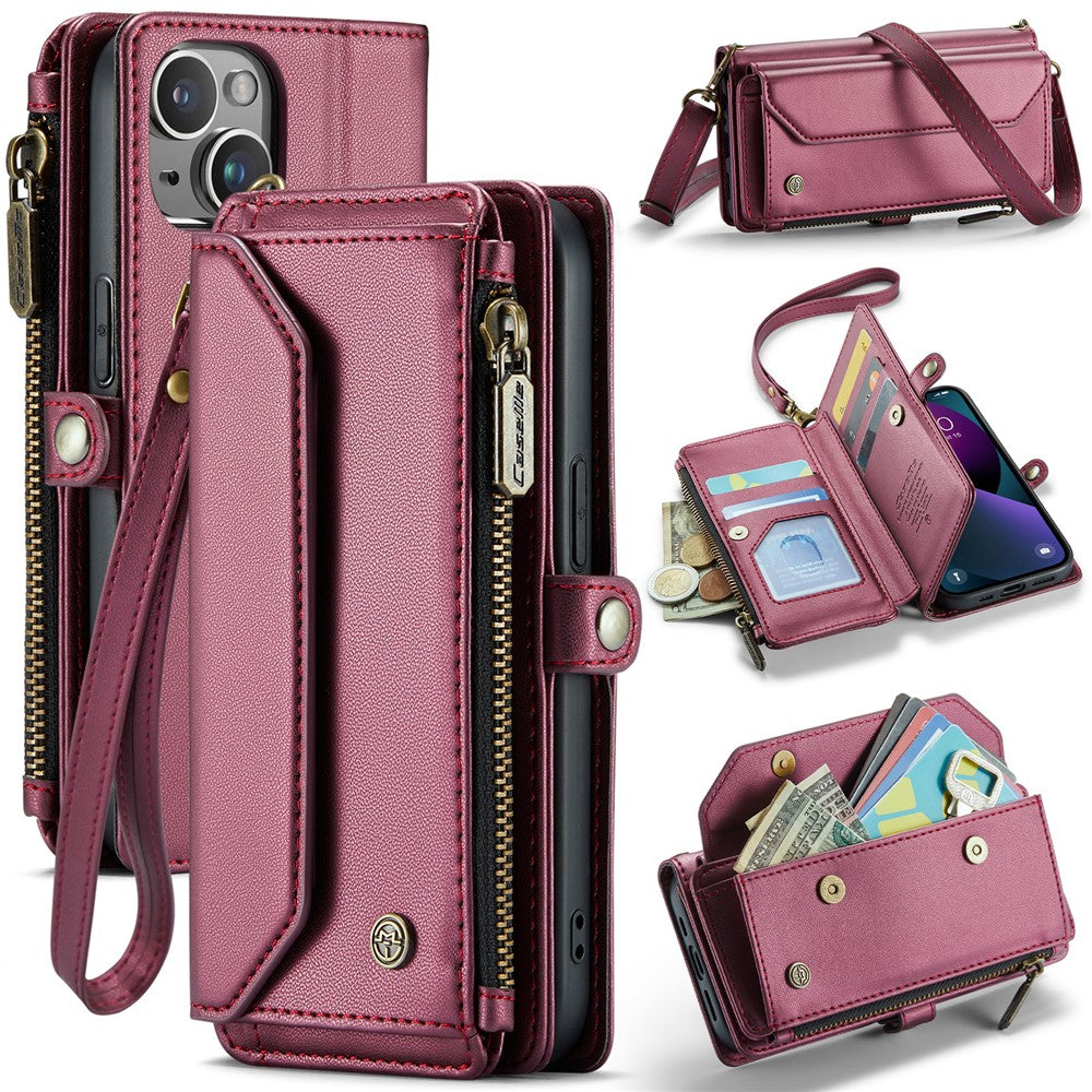 For iPhone 13 Leather Case CASEME C36 Zipper Multiple Card Slots Phone Cover with Straps