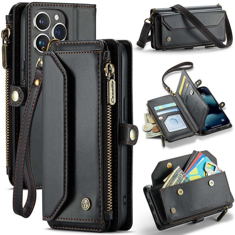 For iPhone 13 Pro Leather Case CASEME C36 Zipper Multiple Card Slots Phone Cover with Straps