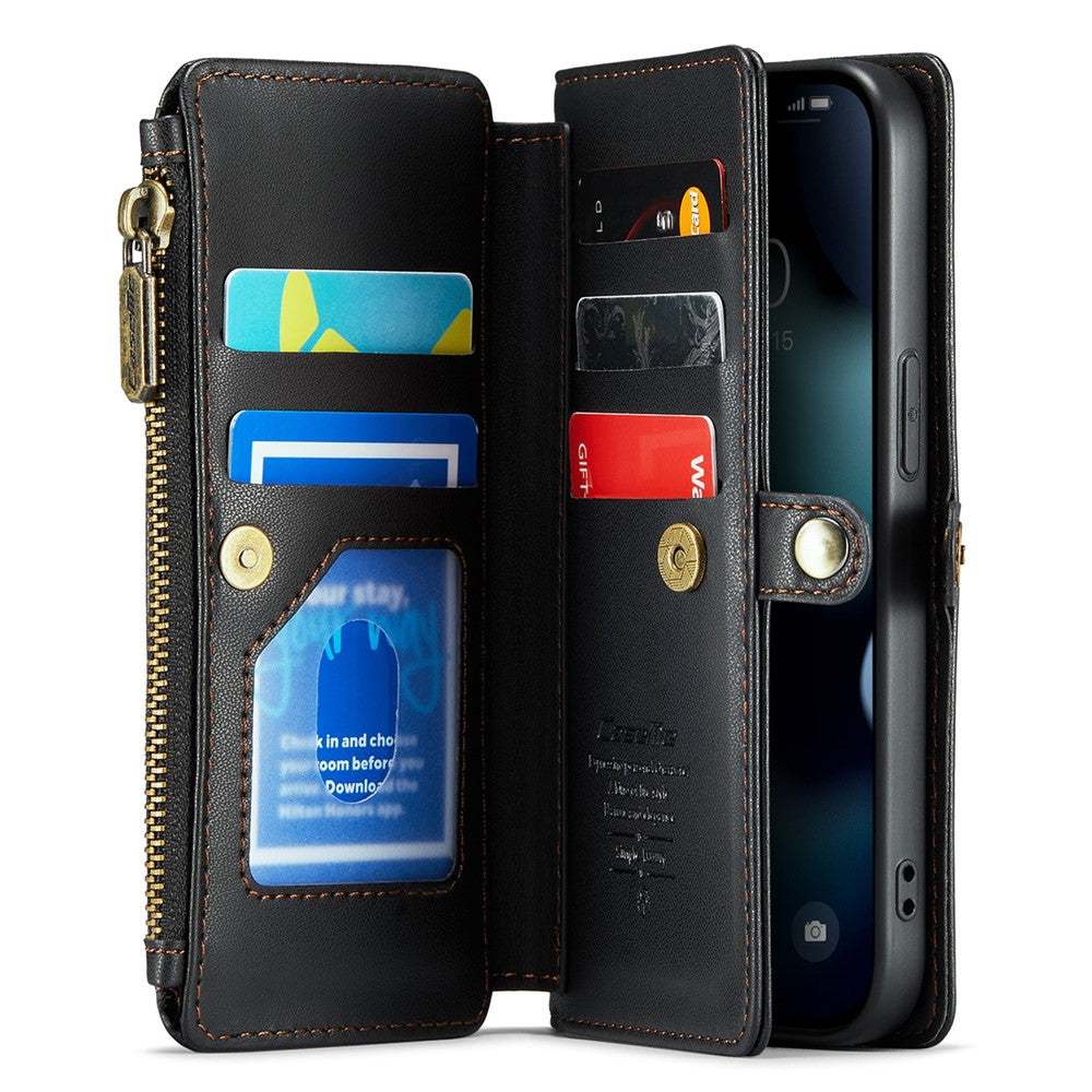 For iPhone 13 Pro Leather Case CASEME C36 Zipper Multiple Card Slots Phone Cover with Straps