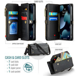 For iPhone 13 Pro Leather Case CASEME C36 Zipper Multiple Card Slots Phone Cover with Straps