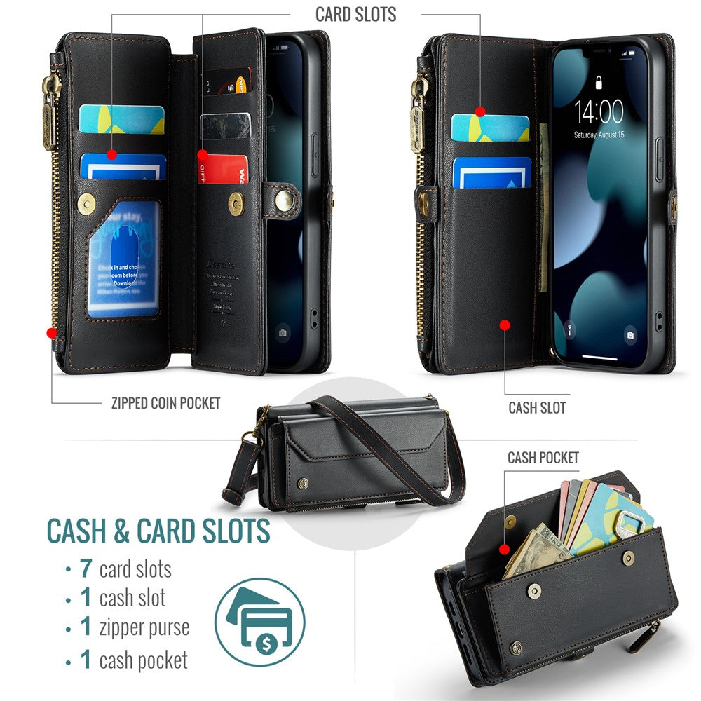 For iPhone 13 Pro Leather Case CASEME C36 Zipper Multiple Card Slots Phone Cover with Straps