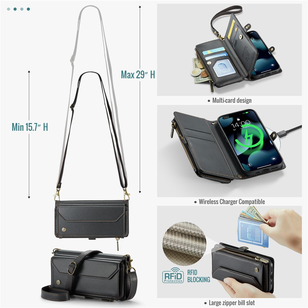 For iPhone 13 Pro Leather Case CASEME C36 Zipper Multiple Card Slots Phone Cover with Straps