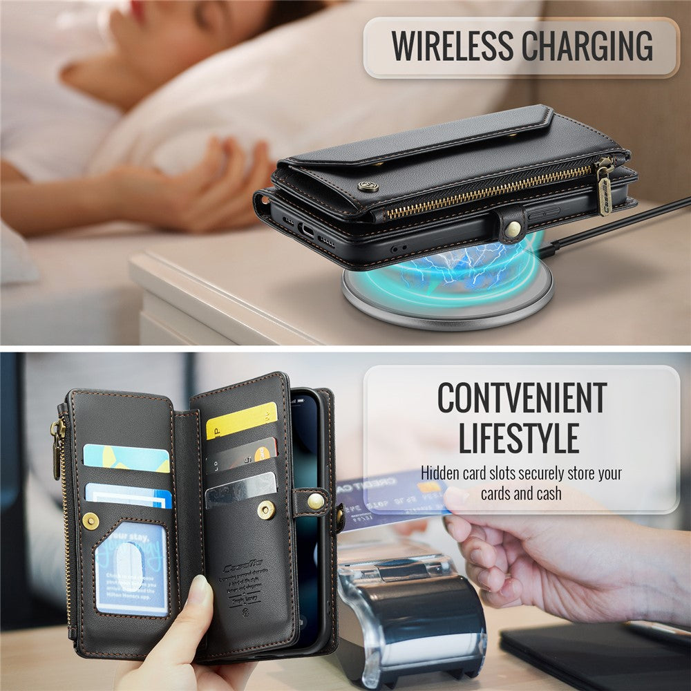 For iPhone 13 Pro Leather Case CASEME C36 Zipper Multiple Card Slots Phone Cover with Straps