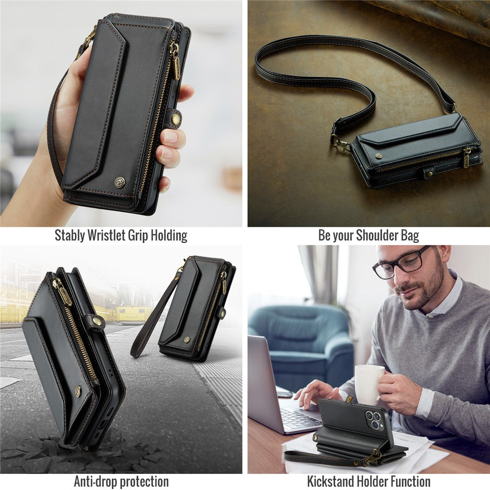 For iPhone 13 Pro Leather Case CASEME C36 Zipper Multiple Card Slots Phone Cover with Straps