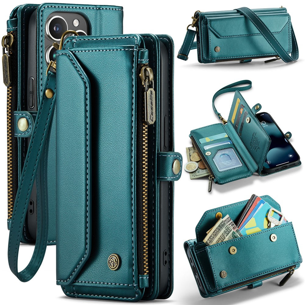 For iPhone 13 Pro Leather Case CASEME C36 Zipper Multiple Card Slots Phone Cover with Straps