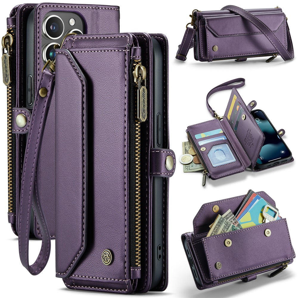 For iPhone 13 Pro Leather Case CASEME C36 Zipper Multiple Card Slots Phone Cover with Straps